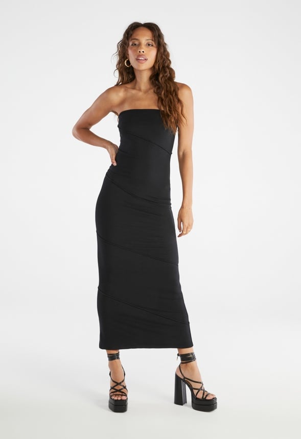 Tummy Tamer Strapless Midi Rib Dress Black Caviar