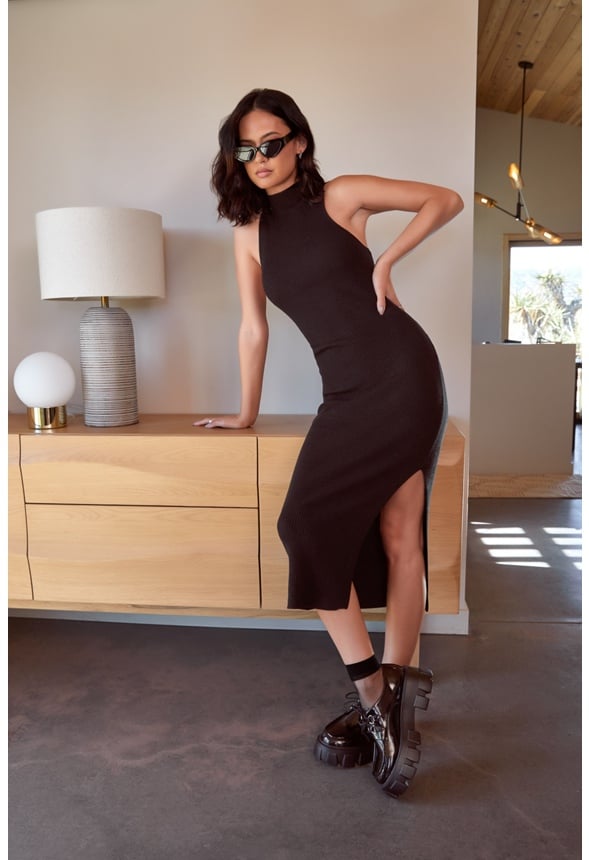 Mock Neck Sweater Midi Dress Black Caviar