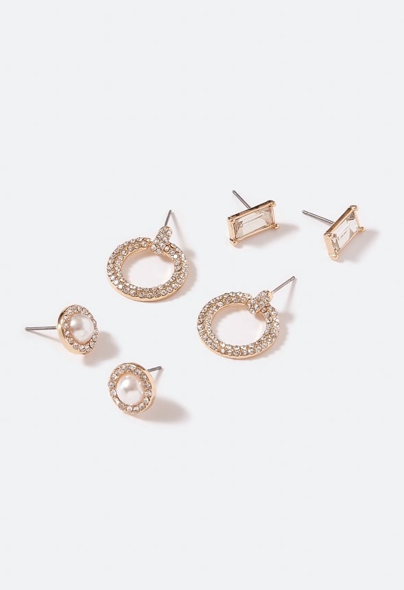 3-Pair Pack Egypt Rhinestone & Pearl Stud Earrings Crystal/ Gold