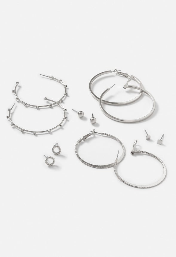 6-Pairs Pack Alia Mixed Studs and Hoops Earrings Silver