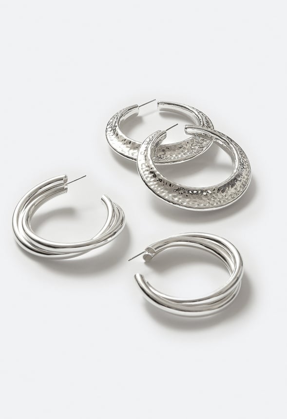 2-Pair Nyra Lightweight Hoops in Hammered Metal and Twist Designs Silver