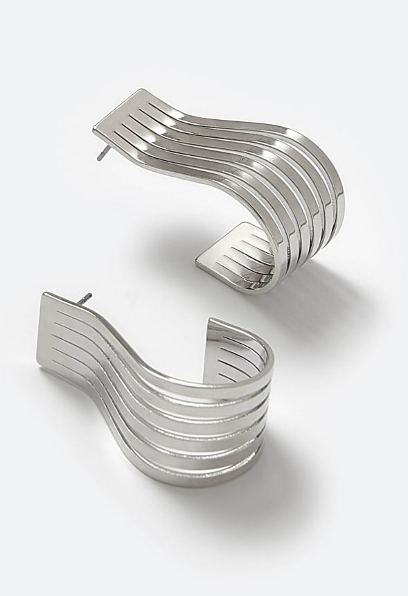 Rain Wire Effect Elongated Hoop Earrings Silver