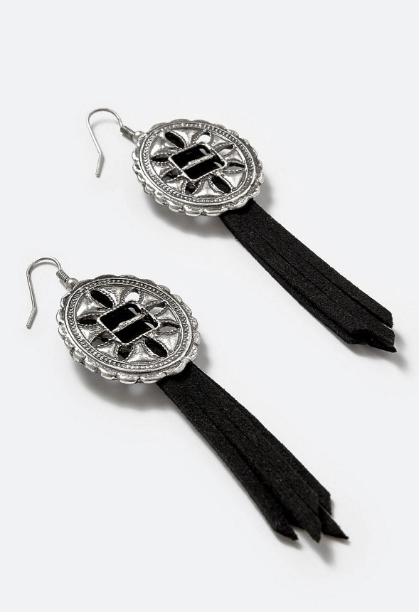 Jada Faux Suede Fringe And Western Motif Drop Earr Black/ Silver