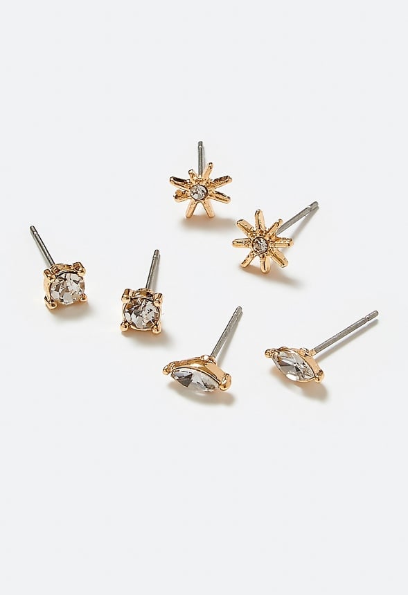 3-Pair Mia Glass Stones Fine Stud Earrings Pack Crystal/ Gold