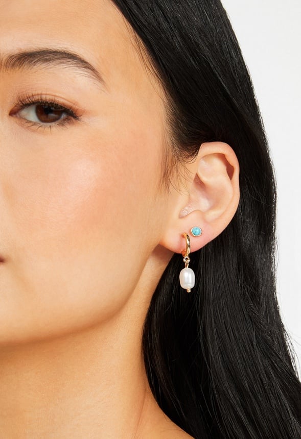6-Pairs Pack Of Fay Mix Shell And Evil Eye Earrings Cream/ Turquoise/ Gold