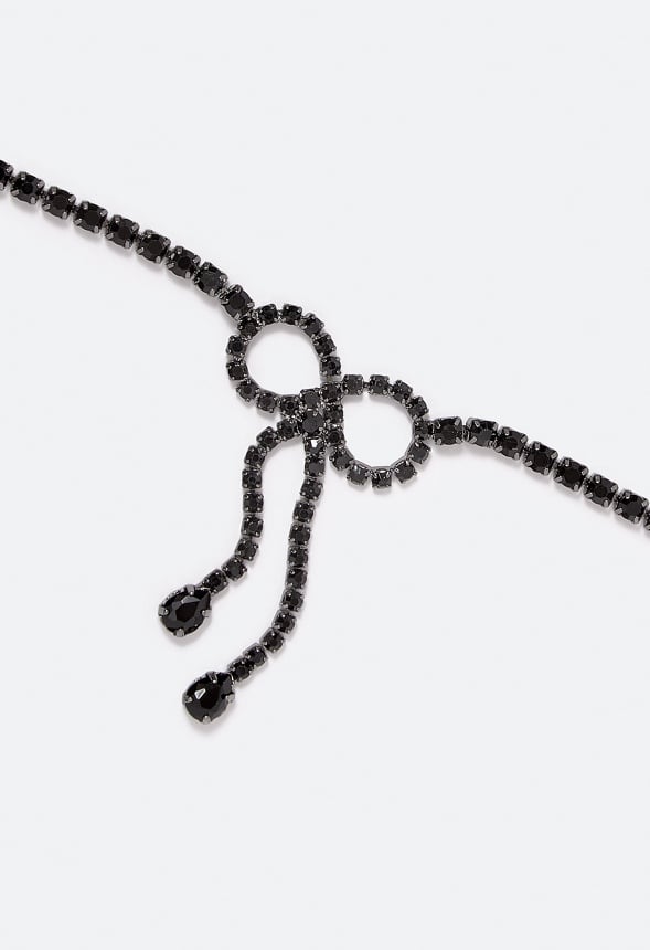 Birdie Glass Stone & Teardrop Bow Choker Jet/ Gunmetal
