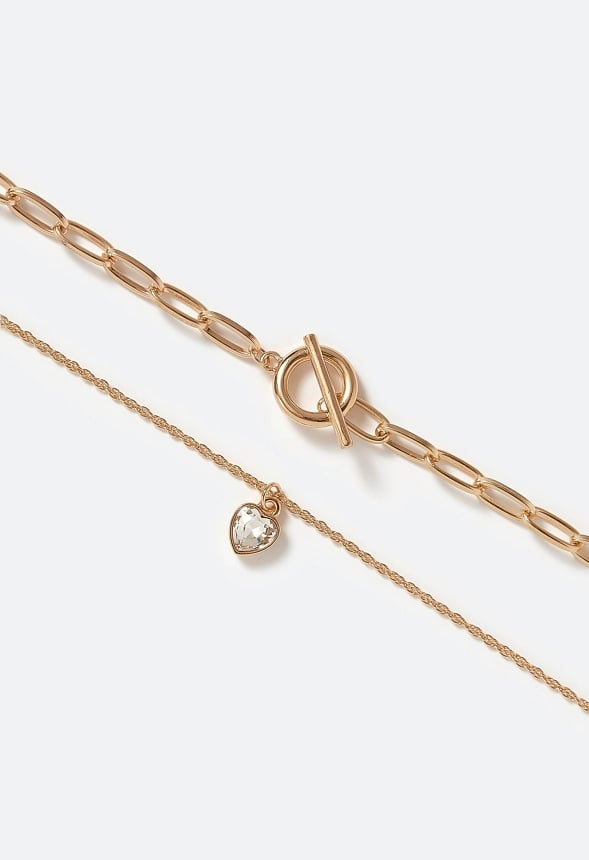 2-Rows Rue Oval Chain With T-Bar And Glass Heart Necklace Crystal/ Gold