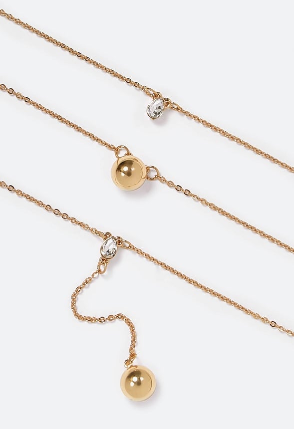 Lana 3 Rows Metal Beads And Glass Stone Drops Necklace Gold