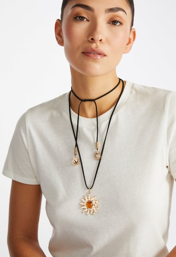 Gracie Suede Cord Necklace With Hammered Metal Sun Drop Brown/ Gold
