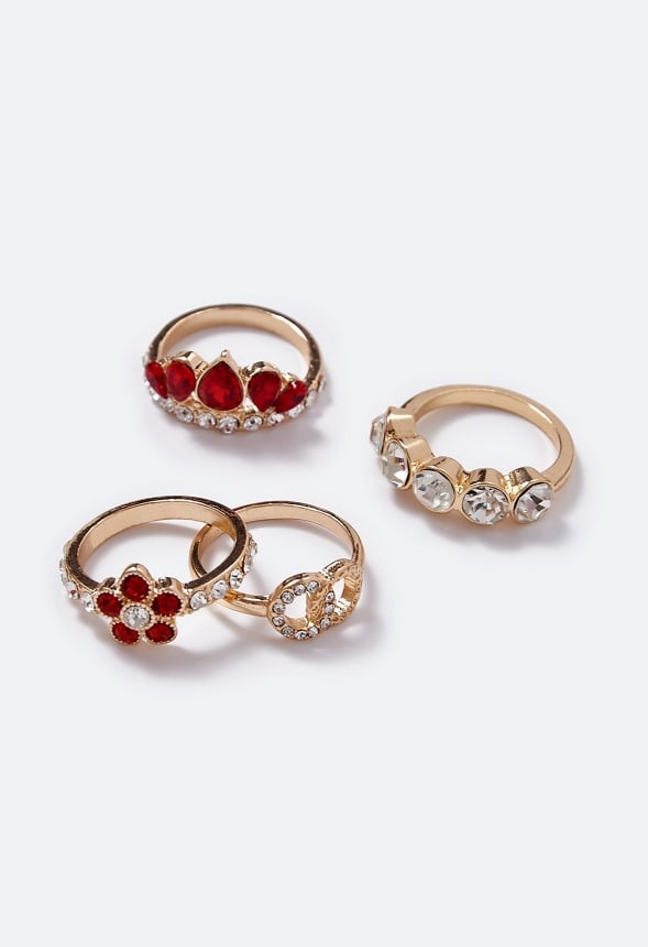 Sara Flower and Navette Mixed Ring Stack Red/ Gold