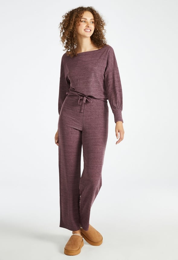 Off Shoulder Wide Leg Lounge Set Mulberry Heather