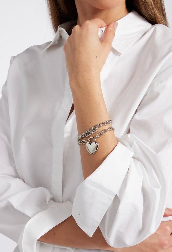 2-Pack Bria Heart and T-Bar Chain Bracelet Set Silver