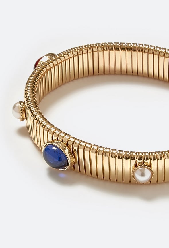 Cloe Multicolour Glass & Resin Stones Ribbed Stretch Bracelet Multi/ Gold