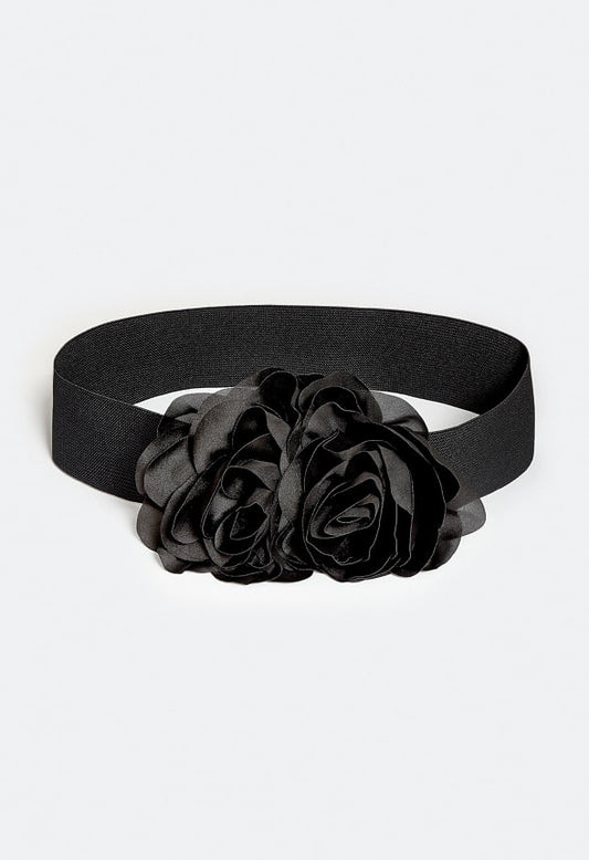 Dee Elastic Waist Belt With Double Flower Corsage Black