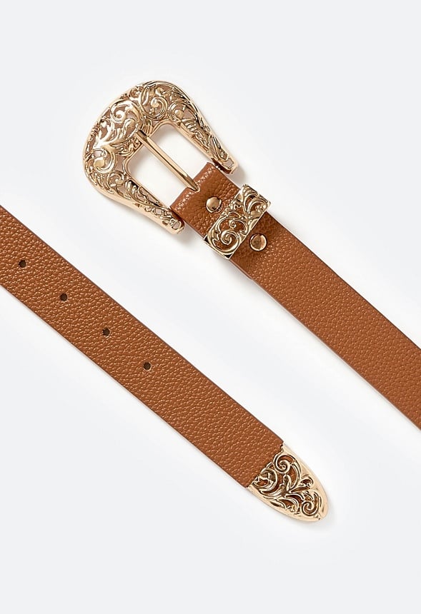 May Filigree Western Buckle Belt Tan/ Gold