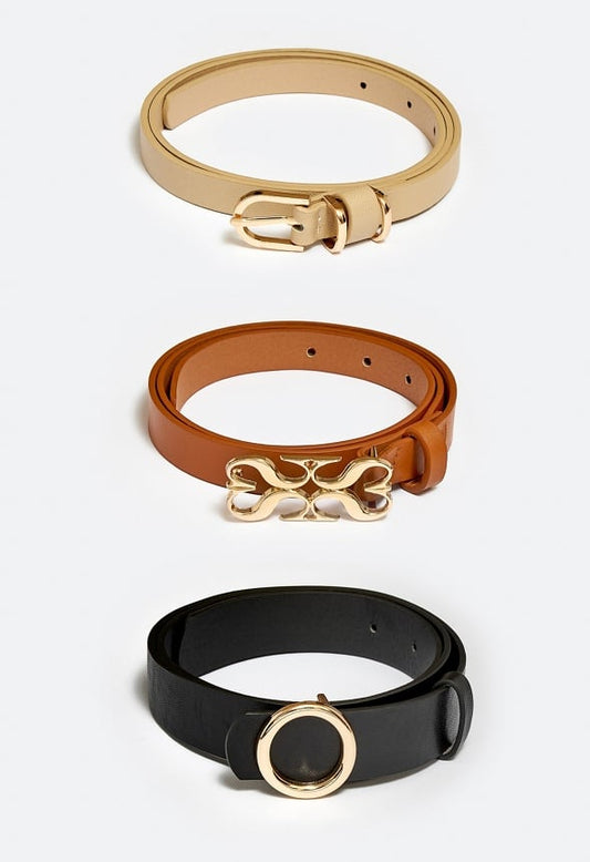 3-Pack Amy Mix Buckles Jeans Belts Tan/ Gold/ Black Mix