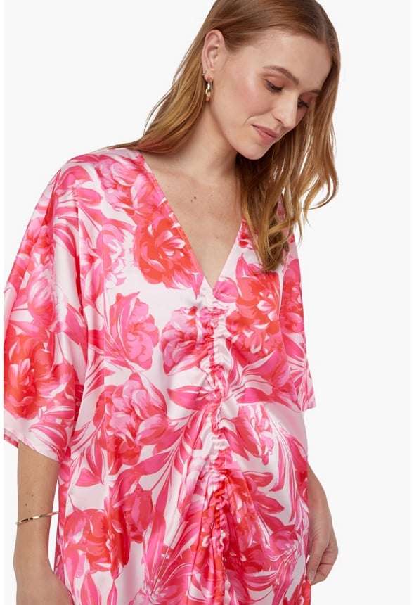 Ruched Kaftan Dress Hot Coral Floral