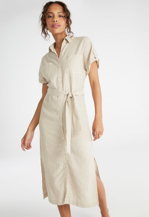 Linen Midi Shirt Dress Oatmeal Stripe
