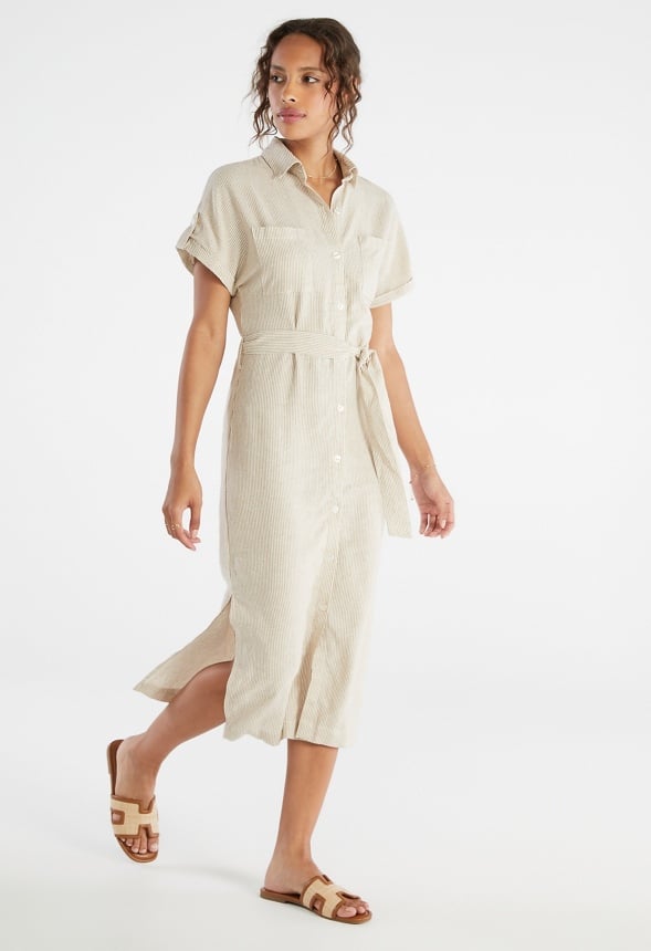 Linen Midi Shirt Dress Oatmeal Stripe