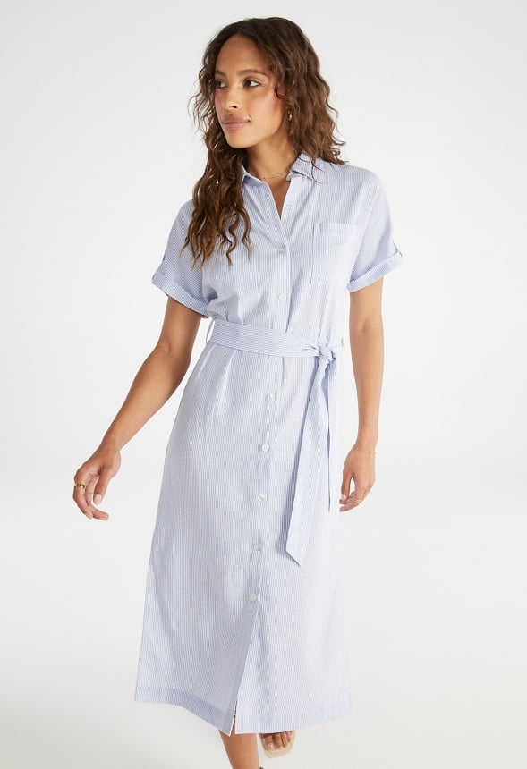 Linen Midi Shirt Dress Blue Stripe