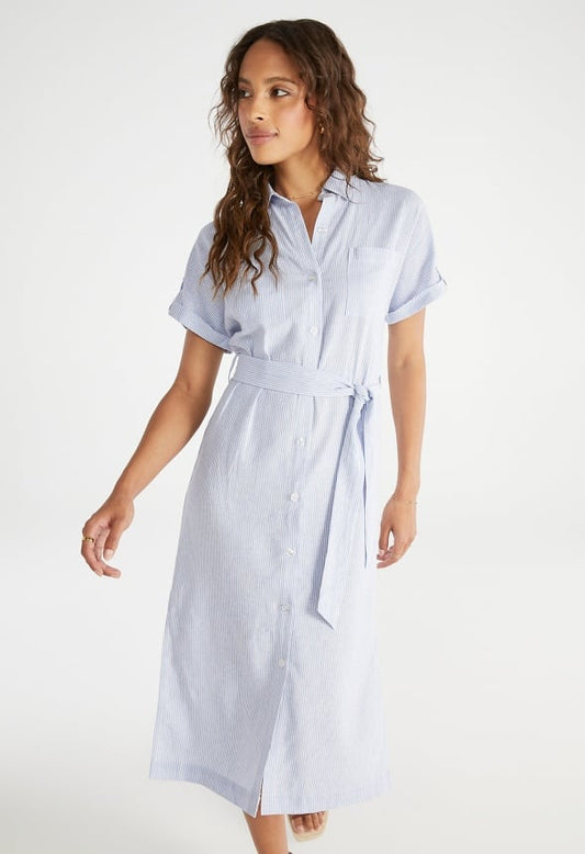 Linen Midi Shirt Dress Blue Stripe