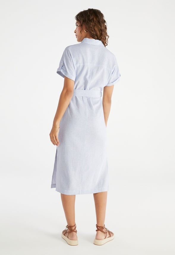 Linen Midi Shirt Dress Blue Stripe