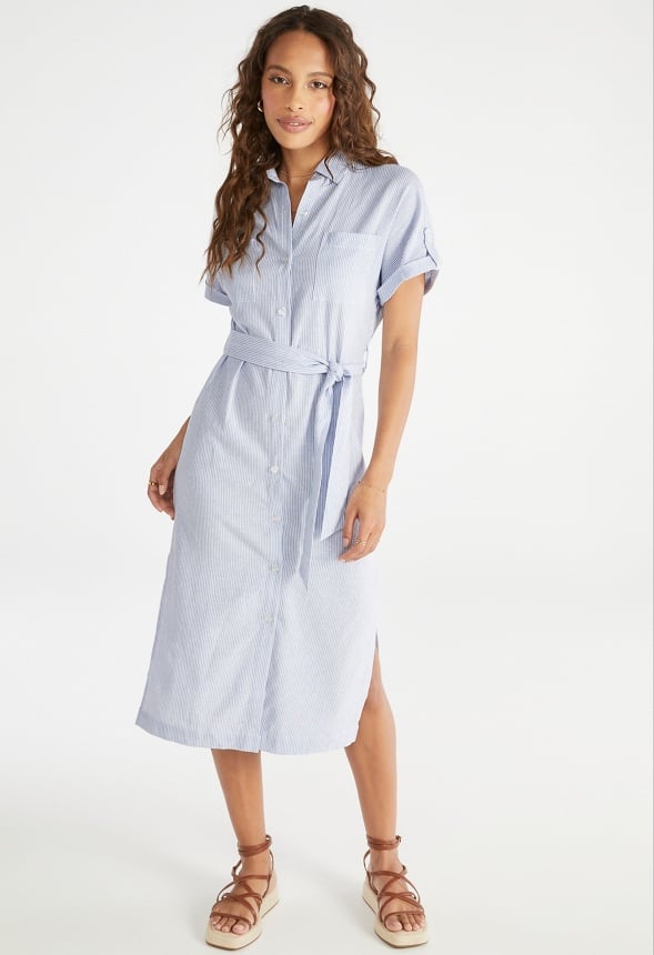 Linen Midi Shirt Dress Blue Stripe