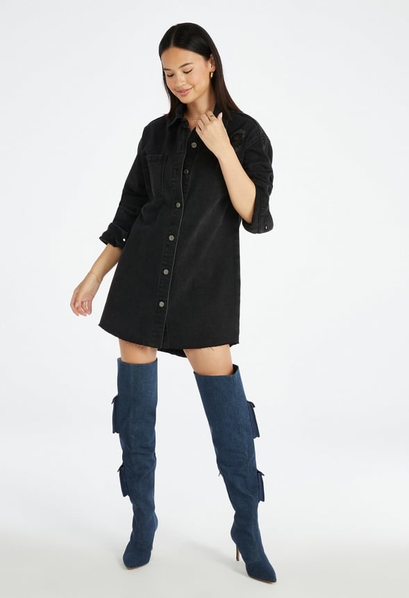 Distressed Denim Mini Shirt Dress Mascara