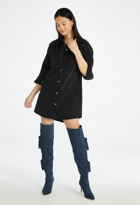 Distressed Denim Mini Shirt Dress Mascara