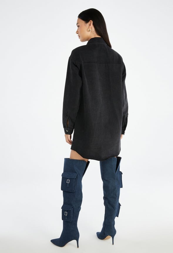 Distressed Denim Mini Shirt Dress Mascara