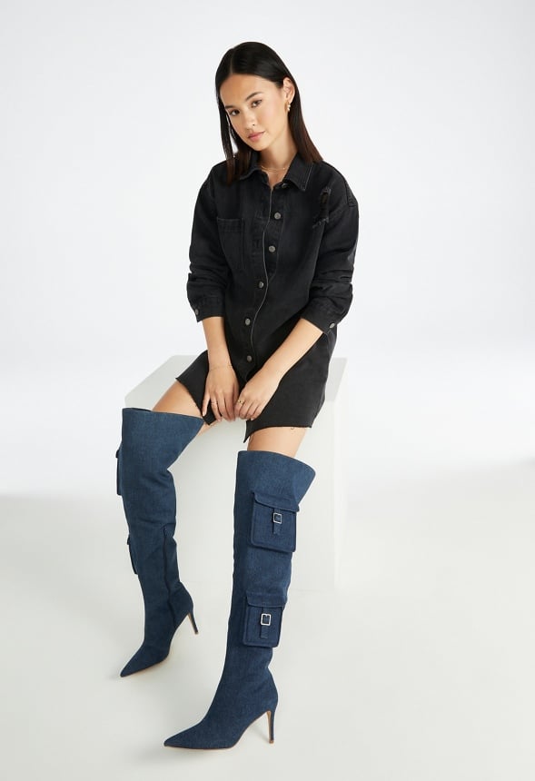 Distressed Denim Mini Shirt Dress Mascara