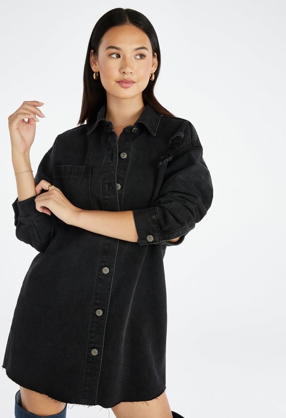 Distressed Denim Mini Shirt Dress Mascara