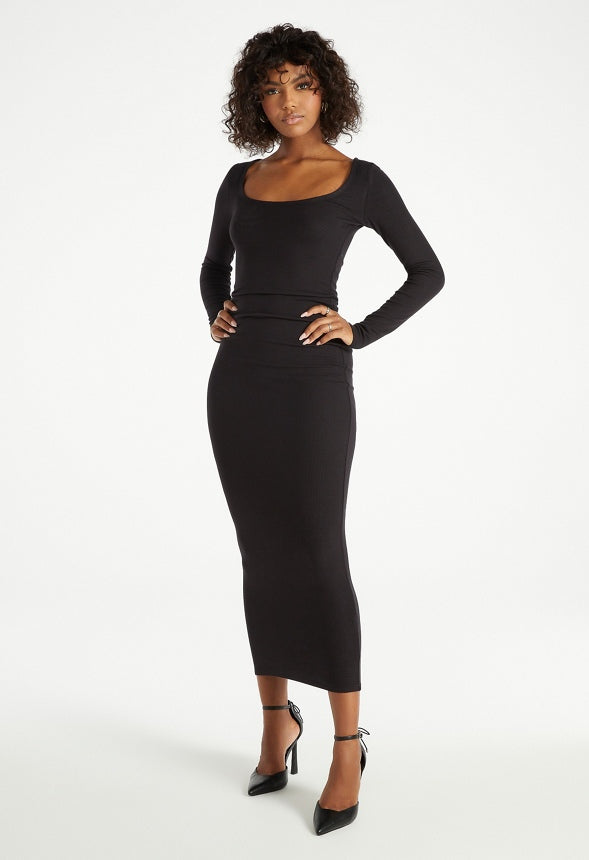 Square Neck Long Sleeve Maxi Dress Black Caviar