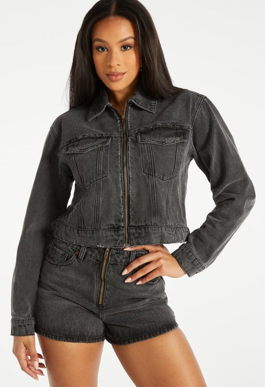 Zip Cropped Denim Jacket Nikki Wash
