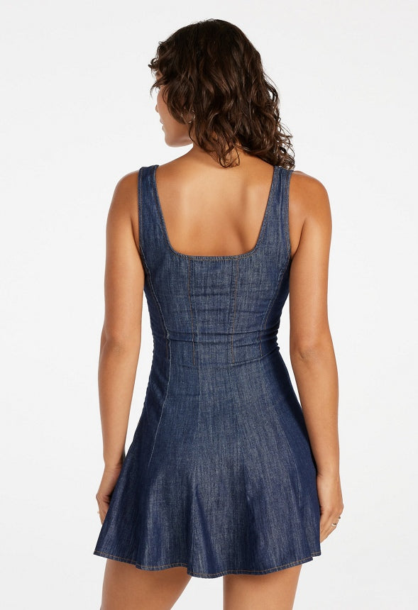 Square Neck Mini Seamed Dress Dark Blue