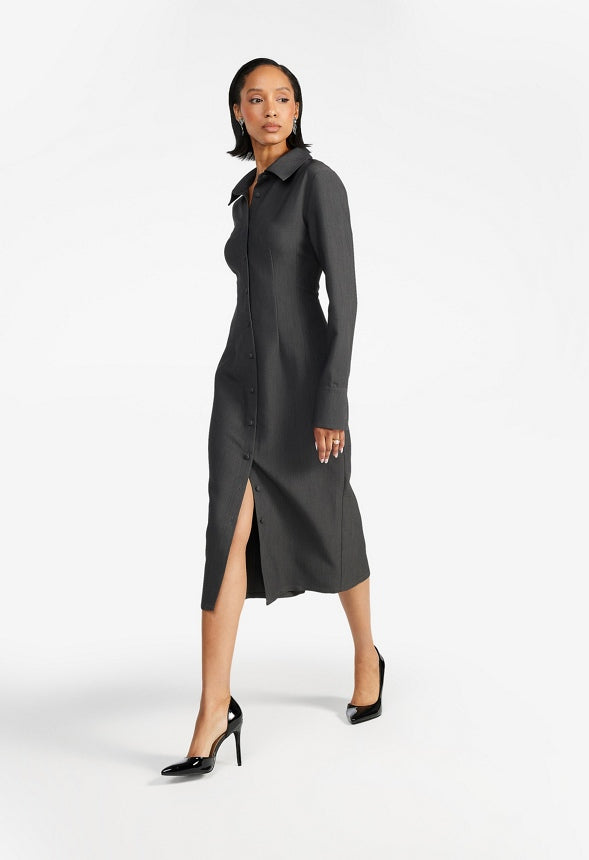 Corset Midi Suiting Shirt Dress Dark Charcoal Heather