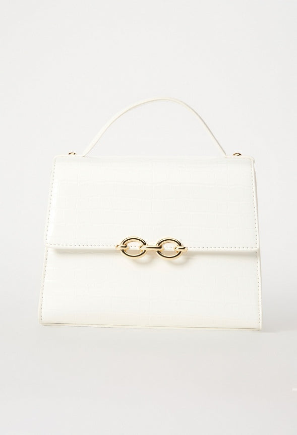 Chain Hardware Top Handle Crossbody Bright White Croc