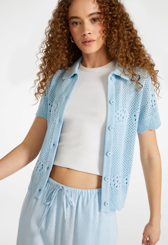 Crochet Short Sleeve Button Up Shirt Skyway Blue