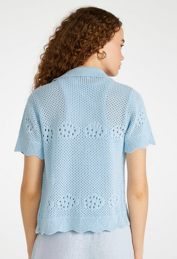 Crochet Short Sleeve Button Up Shirt Skyway Blue