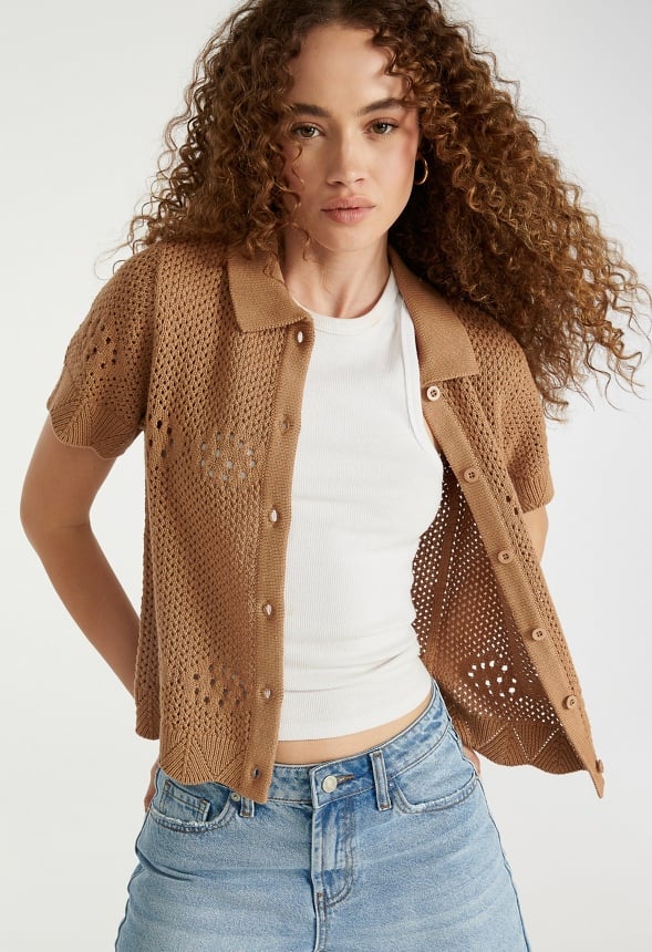 Crochet Short Sleeve Button Up Shirt Taupe