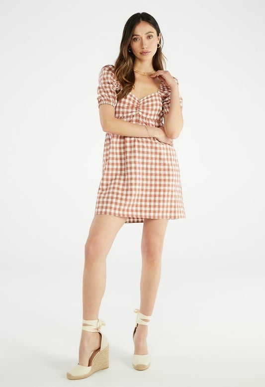 Puff Sleeve Mini Dress Gingham Multi