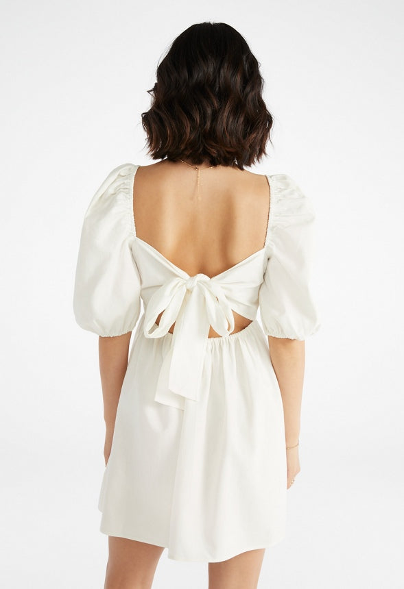 Summer Linen Mini Puff Sleeve Dress Marshmallow White