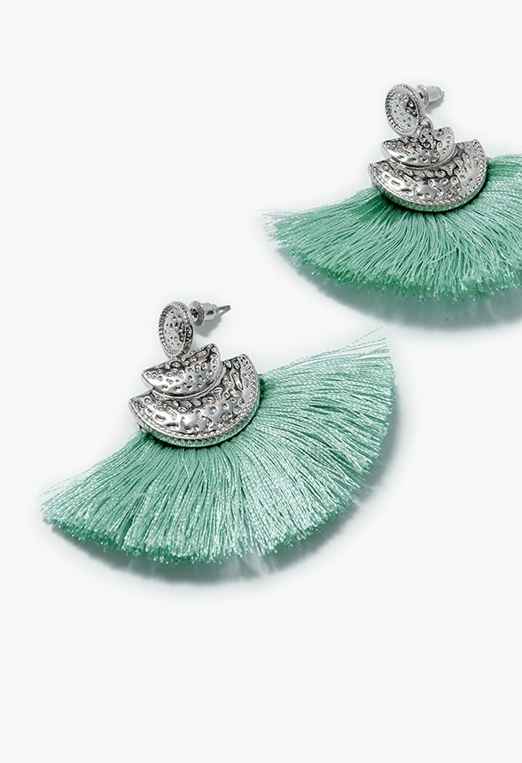 Gia Statement Metal Disc And Fringe Earrings Turquoise/ Silver