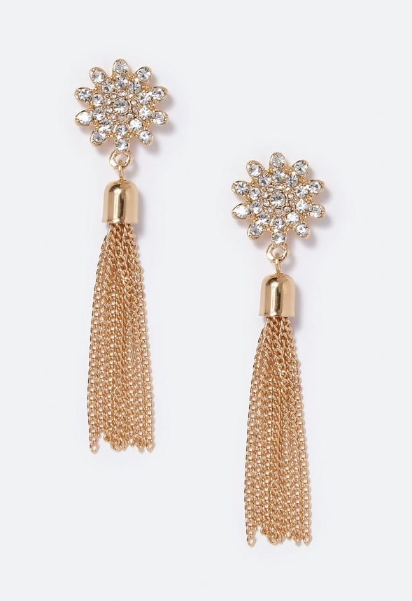 Joy Flower and Chain Tassel Drop Earrings Gold
