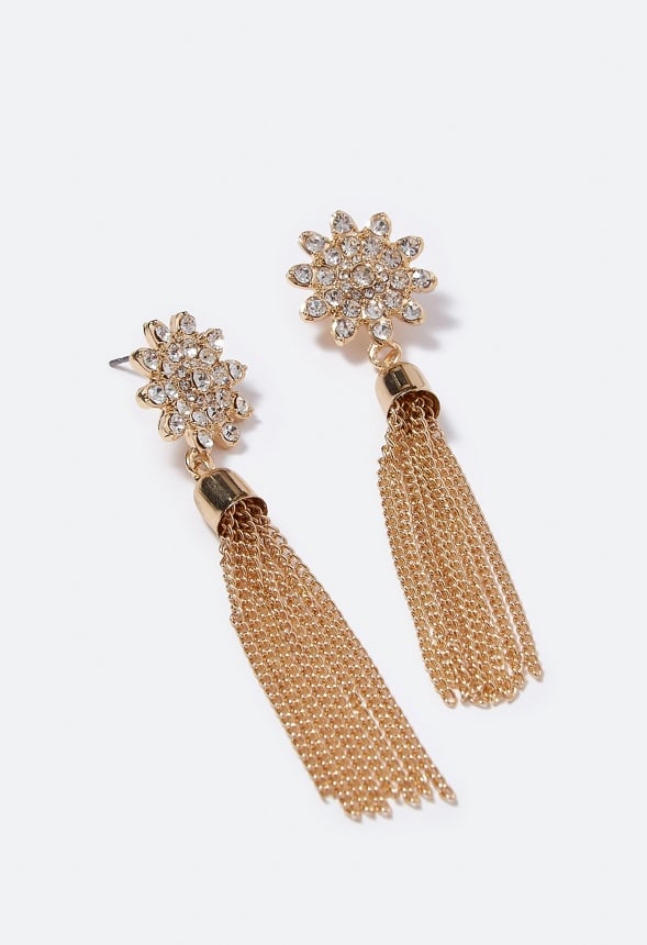 Joy Flower and Chain Tassel Drop Earrings Gold