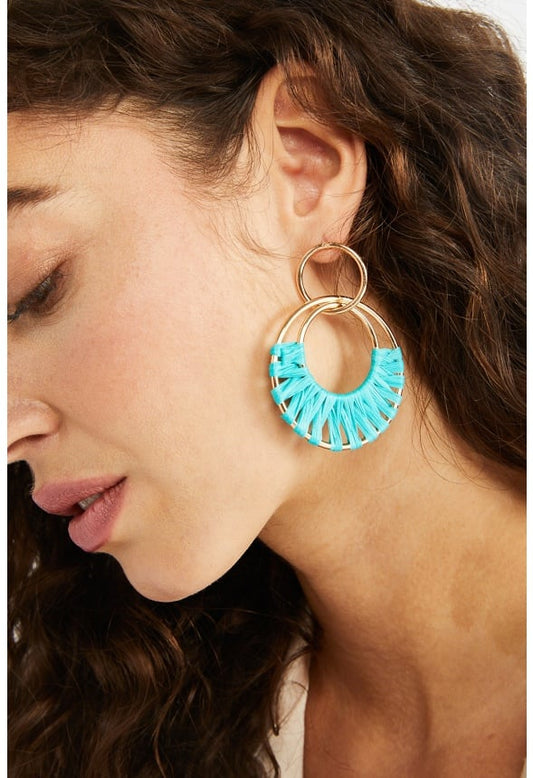 Aliza Raffia Wrapped Rings Drop Earrings Teal/ Gold