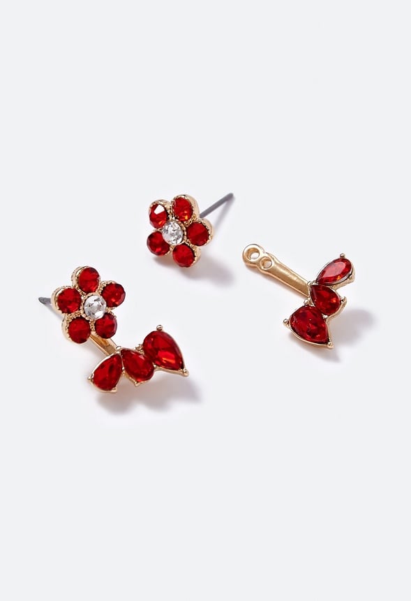 Alora Flower and Navette Front and Back Stud Red/ Gold