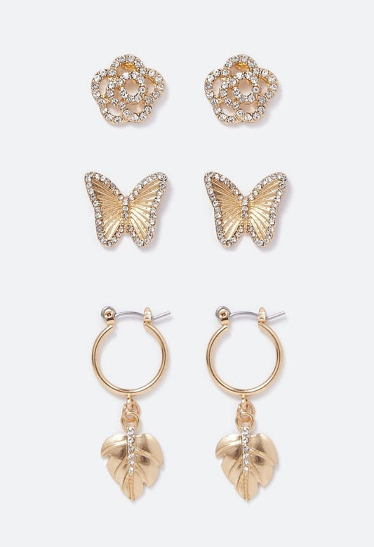 Daphne Butterfly and Leaf Mix Earrings Multipack Gold