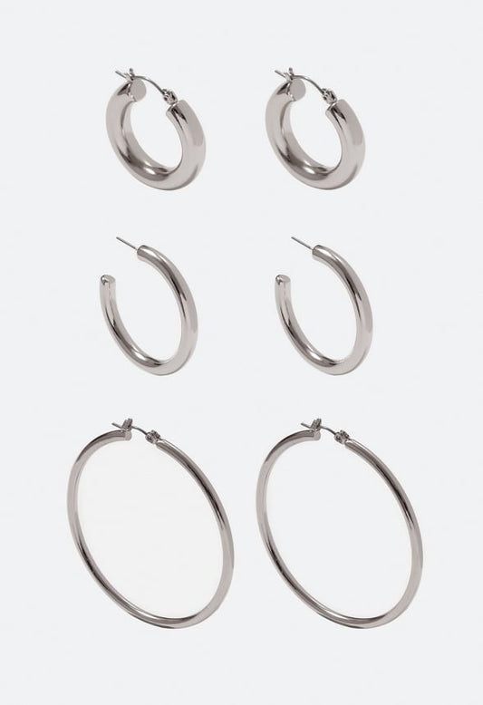 3-Pair Pack Zara Smooth Hoop Earrings Silver