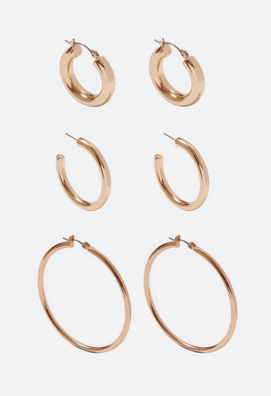 3-Pair Pack Zara Smooth Hoop Earrings Gold